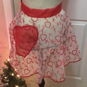 Vintage Red heart sheer flocked apron with heart pocket